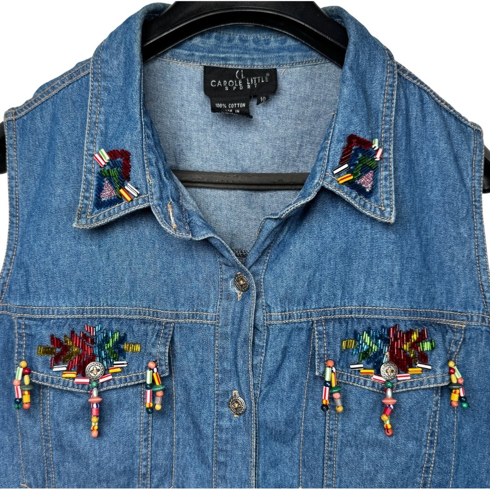 Vtg Carole Little Beaded Embellished Sleeveless‎ Blue Denim Top Sz 10 Beaded Y2K - Picture 3 of 11